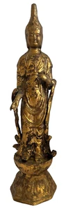 Antique Chinese Gilt Gold Cast Iron Bodhisattva Statue on Lotus Base 19" Tall - Picture 1 of 24