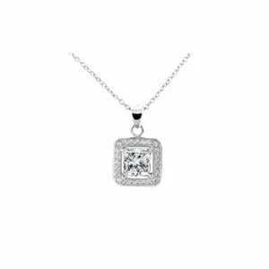 Women's 925 Sterling Silver Halo CZ Square Princess Cut Pendant Necklace 18" - Picture 1 of 2