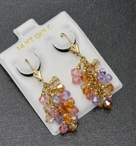Real 14k Solid Gold Leverback Made/w Multicolor Swarovski Crystal Grape Earrings - Picture 1 of 3