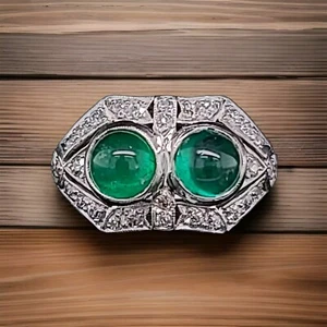 2,15ct. Platin Vintage filigraner natürlicher Smaragd Cabochon Ring um 1930  - Bild 1 von 14