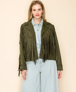 NUEVA CHAQUETA VOCAL recortada Western RODEO VAQUERA flecos shabby chic SM-XL OLIVA - Imagen 1 de 8