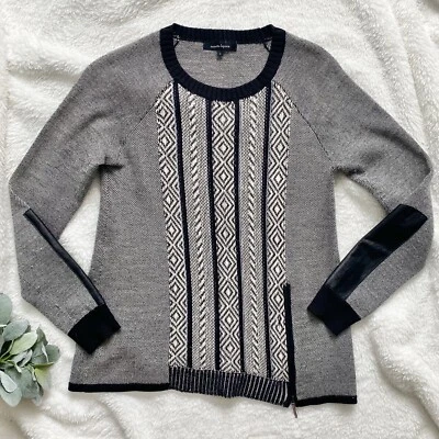 Nanette Lepore 几何针织羊毛毛衣小号黑白皮革贴花 — 第 1/4 张图片