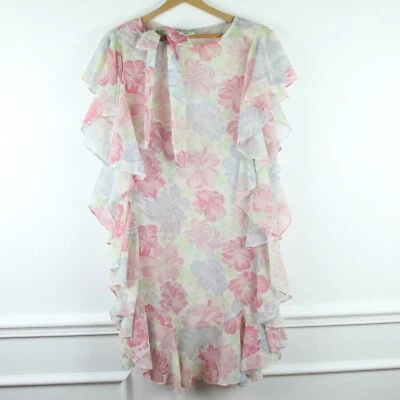 FLAW VTG 80s Floral Sheer Ruffle Tea Dress Romantic Sheath Flapper 13 M Pink - Image 1 of 4