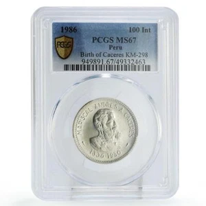 Peru 100 intis Marshal Caceres Birth Politics KM-298 PR67 PCGS silver coin 1986 - Picture 1 of 2