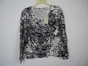 Laura Ashley Top Size PL Black White Long Sleeves Beaded  Front L-44 - Picture 1 of 7