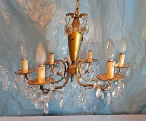 Antiker eleganter Kronleuchter Bronze vergoldet mit Kristalltropfen 6 Lichter 40/50er Jahre - Bild 1 von 10