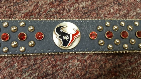 Houston Texans Blue Leather Belt Red Rhinestone Fancy NFL Glitz Bling S or XL Cover