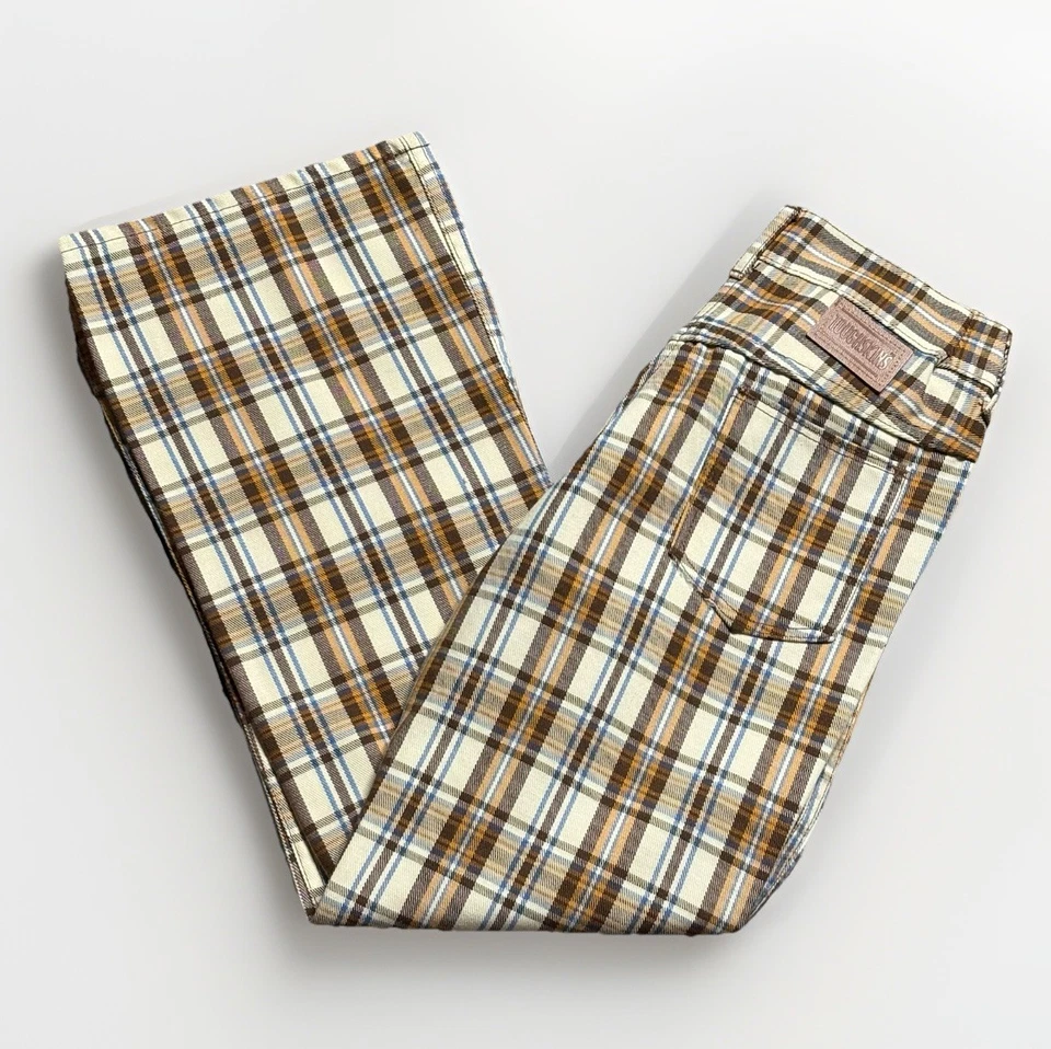 Talla 26x27- Vintage Sears Toughskins Cuadros Campana-Fondo Pantalón Mujer’s Marrón HEMMED Foto 1 de 4