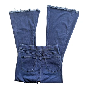 Pantalones de mezclilla para mujer Flying Monkey tiro alto súper acampanados lavado oscuro cremallera lateral azul, talla 29 - Imagen 1 de 7