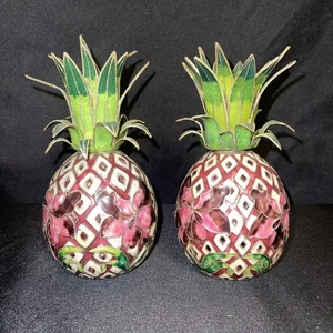Set Of Cloisonné Enameled Pineapple Candlestick Holders Hollywood Regency - Picture 1 of 9