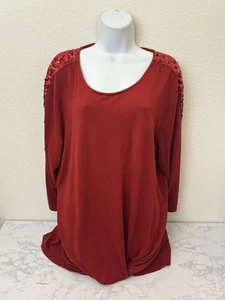 Como Blu Long Sleeve Pullover Top Women’s Plus Sz 2X Red Sequin Ruched Waist I - Picture 1 of 7