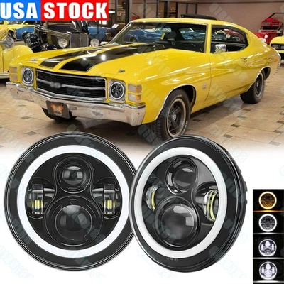 Par de faros redondos LED halo blancos de 7" HI/LO Fit Chevy Chevelle 1971 1972 1973 Foto 1 de 4