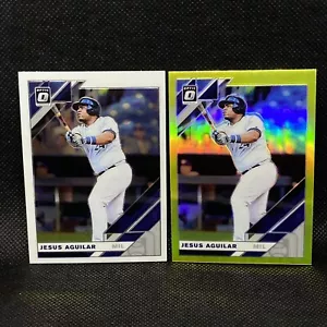 2019 Panini Donruss Optic LIME GREEN Jesus Aguilar Milwaukee Brewers #166 & Base - Picture 1 of 2