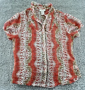 WORTHINGTON Size 10 Women's Print Blouse Orange Tan Elastic Sleeve Button Top - Picture 1 of 5