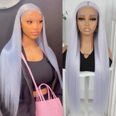 13x4x1 Lace Front Wigs Pre Plucked Long Straight Women Synthetic Hair Light Blue - Image 1 of 4