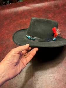 Vintage Bailey Fellmischung schwarz Cowboy Hut 7 1/2 USA Feder & türkis Steine - Bild 1 von 9