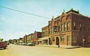 Phillips WI North Lake Avenue Bank Storefronts Old Cars Postcard - Picture 1 of 2