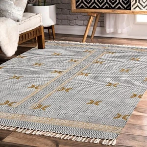 Hand Block Printed Indian Cotton Dhurrie Rug, Yellow & Black Geometric Area Rug - Picture 1 of 10