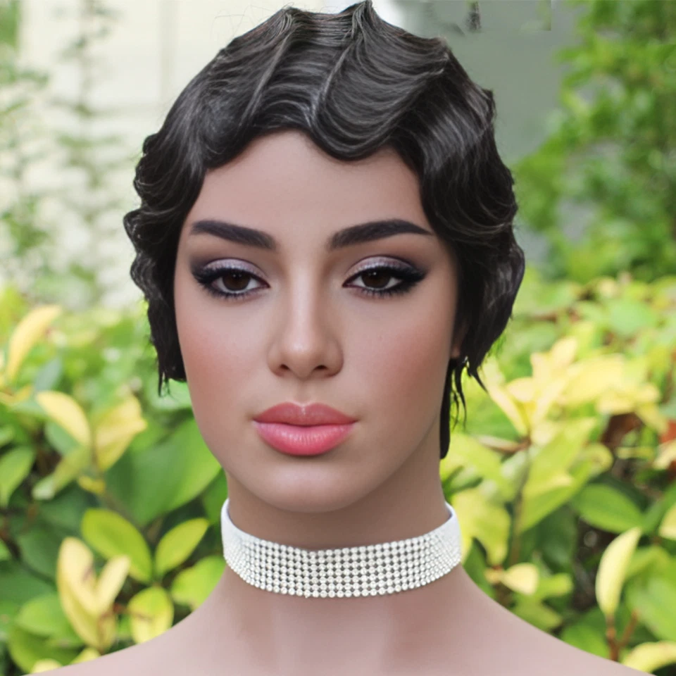 Pelucas retro de cabello humano de pelo corto ondulado de agua totalmente hechas a máquina Foto 1 de 4