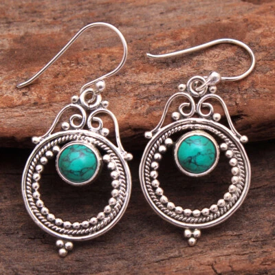 Simulated Turquoise Gemstone 925 Sterling Silver Handmade Boho Earring - Image 1 of 2