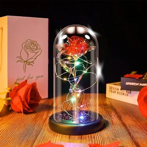 Red Eternal Forever Galaxy Rose Flower In Glass Dome LED Light Valentine's Day - Picture 1 of 10