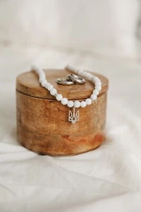 Ukrainian Gemstone Necklace with Tryzub Pendant white jade Trident white Choker - Picture 1 of 7
