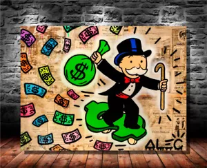 STRETCHED PRINTS ON CANVAS MONOPOLY MAN ON A FLYING DOLLAR ART HOME DECOR FRAMED - Picture 1 of 2