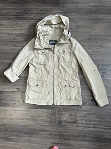 Chaqueta utilitaria Eddie Bauer para mujer XS beige tostado con capucha cremallera completa 4 bolsillos múltiples  - Imagen 1 de 14