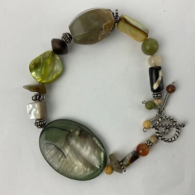 Pulsera artesanal cuentas de plata de ley piedras semipreciosas concha de ágata bohemia Foto 1 de 4