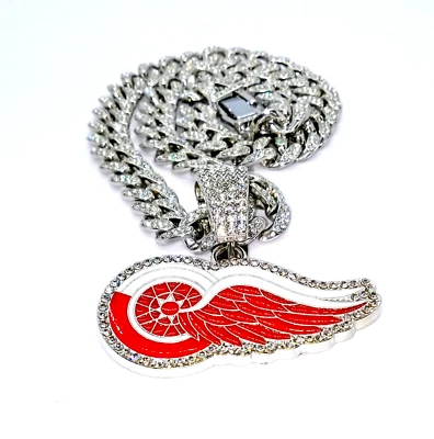 DETROIT RED WINGS GEM NECKLACE Silver Bling NHL Hip Hop Pendant & 20" Chain - Imagem 1 de 4