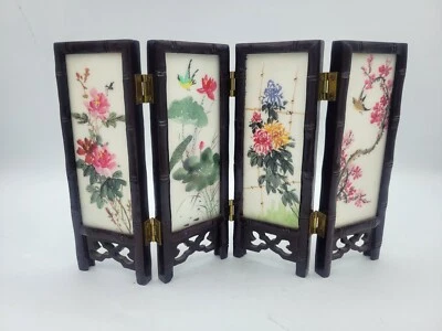 Vintage Chinese Folding Table Top Screen Handpainted 4 Panel 2 Sided  - Image 1 of 3
