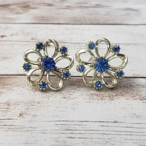 Vintage Schraub Ohrringe Statement Ohrringe hellgoldfarben & blaue Edelsteine - Bild 1 von 4