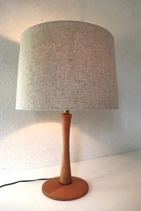 Superb Mid Century Danish Modern Wood Table Lamp w/ Brown Linen Shade 1950s MCM - Picture 1 of 9