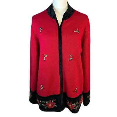 Quacker Factory Holiday Cardigan Sweater Sz L Full Zip Embellished Floral Red - Image 1 of 4