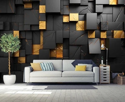 - Black and Gold 3D Wallpaper Bedroom Abstract Geometric Squares Background W... - Image 1 of 4