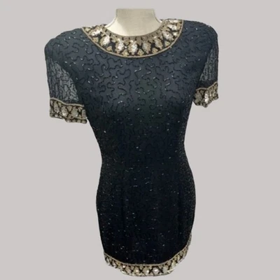 Vintage Lawrence Kazar Beaded Silk Dress Petite PM Black Gold Sequins Cocktail - Image 1 of 4