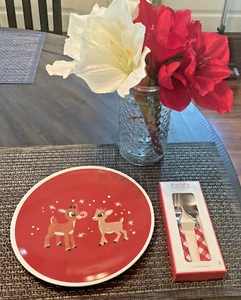 Pottery Barn holiday Rudolph Reindeer Disney Christmas PLATE UTENSIL party kid - Picture 1 of 23