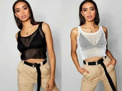 Ladies Women Cropped String Vest Fishnet Sex Lingerie Mesh Strap Tank Top S-XL - Image 1 of 4