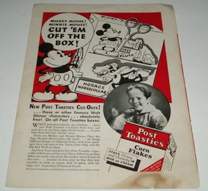 1934 Ad for MICKEY MOUSE cutout on POST TOASTIES Cereal Box Disney - Picture 1 of 1