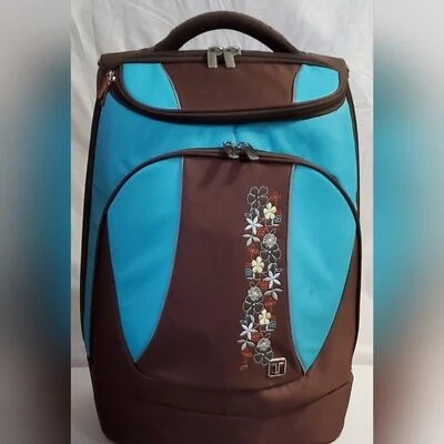 罕见 TRVL 品牌 Aqua & Brown 花卉 20 英寸行李箱/手提箱! — 第 1/4 张图片