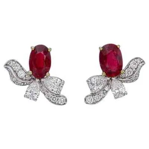 Simulated 1.38CT Pigeon Blood Ruby & White Sapphires Floral Leaf Design Earrings - Picture 1 of 7