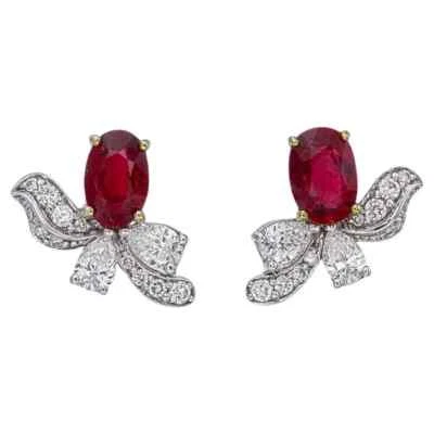 Simulated 1.38CT Pigeon Blood Ruby & White Sapphires Floral Leaf Design Earrings - Image 1 of 4