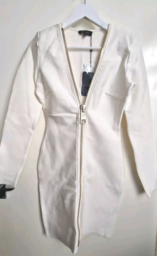 OFF WHITE Pezzo + Love Off White Fascia Bodycon Mini Abito Grande Zip Oro UK8 US4 EU36