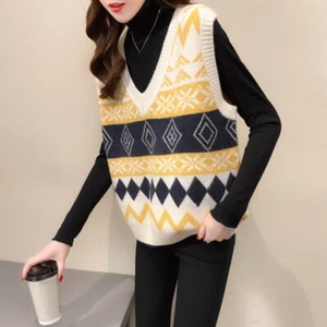 Lady Knit Vest Tank Top Sweater Waistcoat Sleeveless V-neck Argyle Loose Gilet - Picture 1 of 11