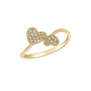 UNICORNJ 14K Yellow Gold Double Heart Pave CZ Bypass Ring Italy - Picture 1 of 5