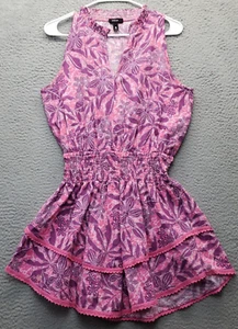 Aqua Mini Dress Womens Small Purple Pink Floral Smocked Waist Layered V Neck - Picture 1 of 6