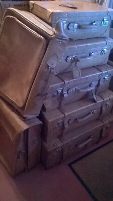 Vintage 5 solid leather suitcases,2 suit/dress carriers, antique/display/storage - Image 1 of 4