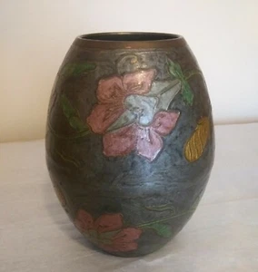 Vintage Gray Cloisonne Enameled Brass Vase With Pink & White Flowers India 5 3/4 - Picture 1 of 8