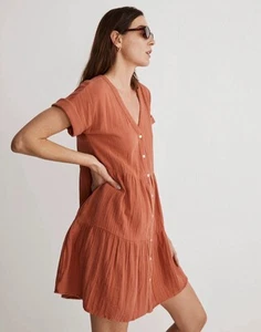 Madewell Womens Lightspun Dress Cuff Sleeve Button Front Tiered Size XS Relaxed - Picture 1 of 8