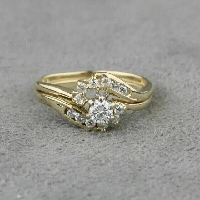 1.20Ct Round Cut White Moissanite Wedding Ring Set 14K Yellow Gold Plated - Image 1 of 4